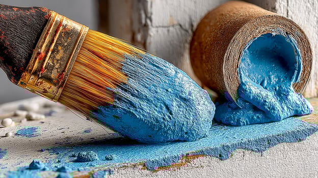 Paintbrush and roll of masking tape covered in blue paint photo