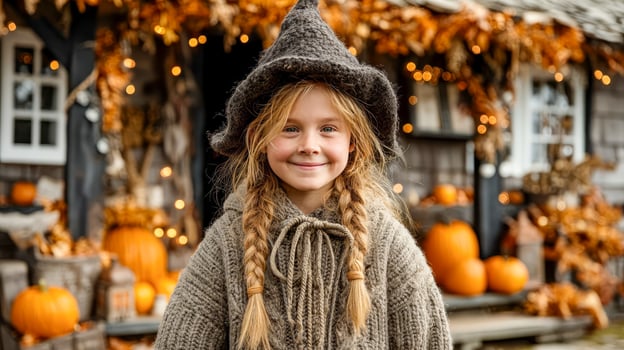 Girl in pointy Halloween hat stands on porch decorated with pumpkins photo