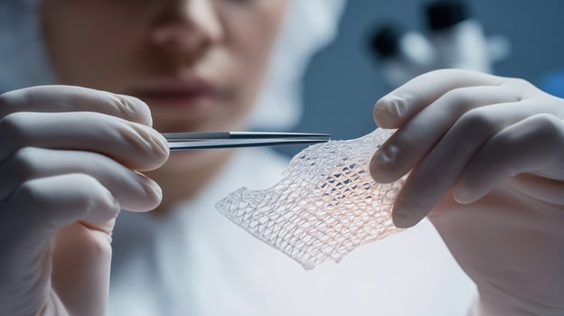 Scientist examines synthetic skin graft in sterile lab, highlighting biotech innovation in tissue engineering, regenerative medicine, and advanced healthcare research. photo