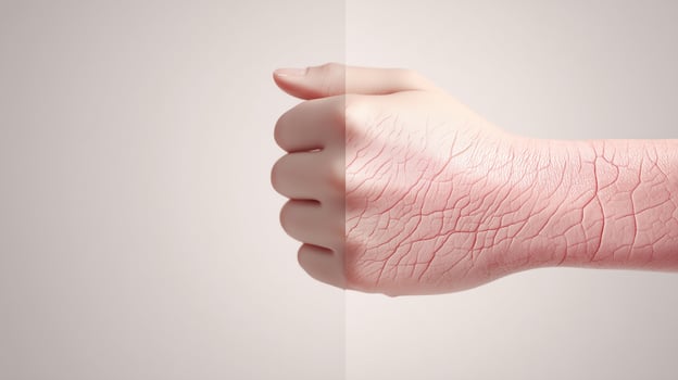 Human hand showing comparison of natural and artificially grafted skin, highlighting healing, dryness, and cracked texture for medical, dermatological, and biotech purposes. photo