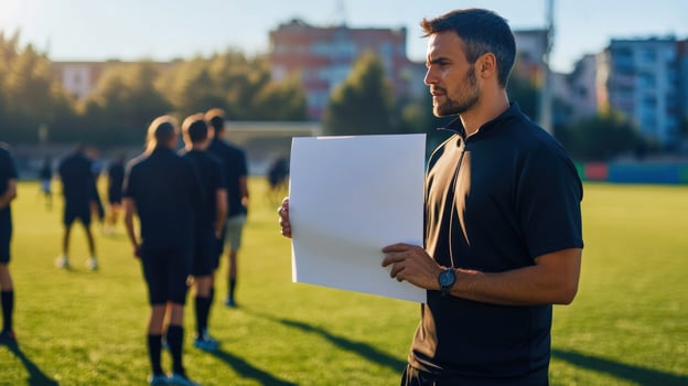 Coach holding blank sign during outdoor practice photo