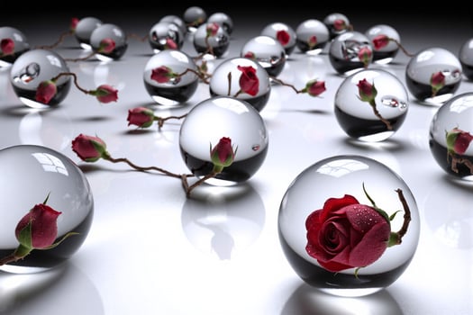 Red roses encased in transparent glass spheres on a reflective surface, symbolizing elegance, preservation, and the interplay of light and form in a minimalist setup photo