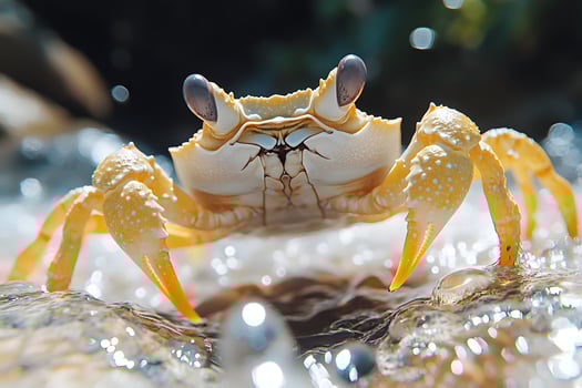 Close-Up of Yellow Crab Washing in Sunlit Tide on Rocky Shore photo