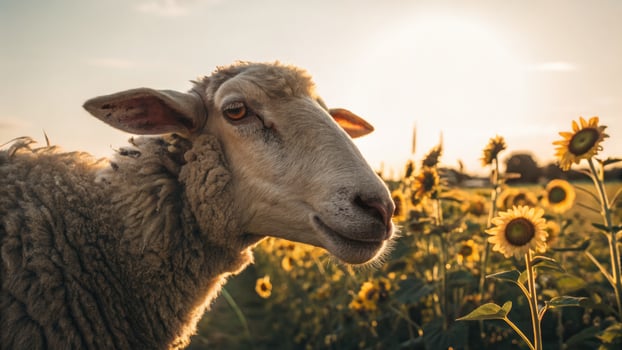 Farm animals enjoy midday sun with sunflower field as backdrop near a small farm photo