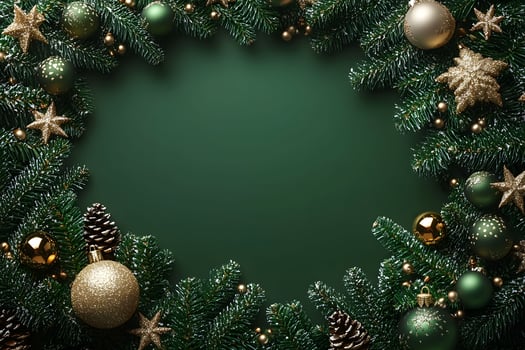 Festive Holiday Frame with Green Fir Branches and Gold Ornaments for Christmas Decor photo