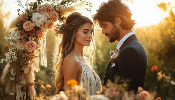 a boho style wedding ceremony in a rustic outdoor setting, with a wooden arch photo