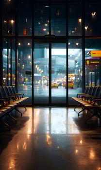 Empty airport waiting area with a view of city lights through large glass windows photo