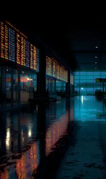 Airport terminal at night showcases departures and arrivals in the twilight ambiance photo