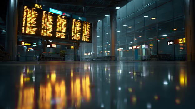 Sleek airport terminal glows softly with reflections and waiting travelers planning their journeys photo