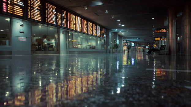 Sleek airport interior glistens with reflections of illuminated flight information displays photo