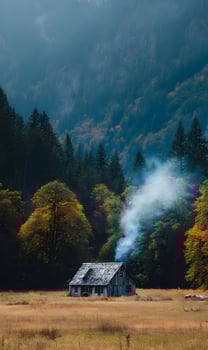 Solitary cabin nestled amid the colorful trees and mist shrouded mountains exudes warmth photo