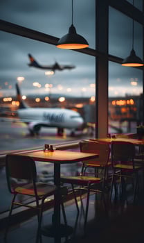 Airport view from cafe evokes travel and anticipation with the airplanes in background photo