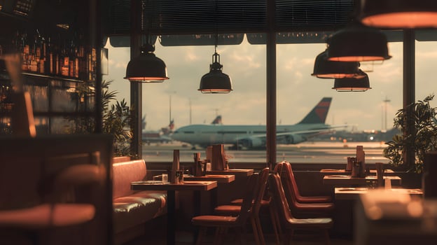 Airport dining with a view of a plane taking off, a unique restaurant experience near travel photo