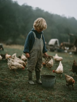 A melancholic yet serene image of a young blonde child wearing striped overalls, a navy hoodie, and rubber boots, standing in the rain on a muddy farm, surrounded by chickens. photo