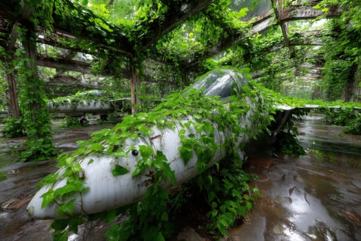 Abandoned Airplane Engulfed by Lush Overgrowth in a Forgotten Hangar photo