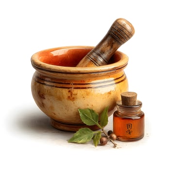 A mortar and a bottle of oil on a white background photo