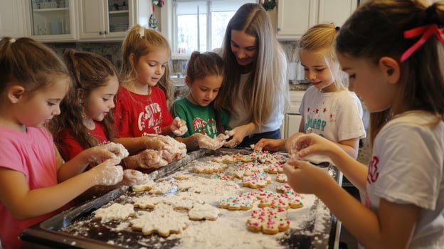 Children decorating holiday cookies in a kitchen. photo