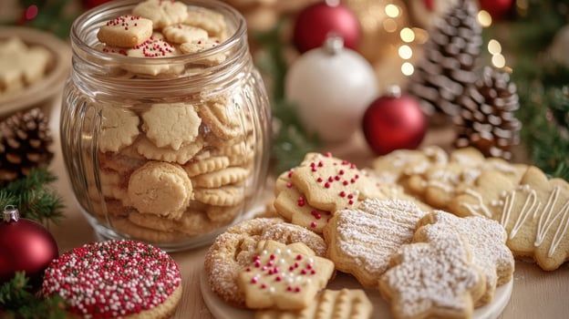 Festive assortment of decorated cookies in a glass jar. photo