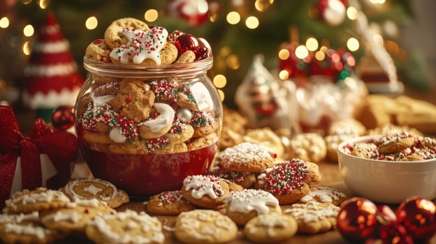 Festive holiday cookies overflowing from a glass jar. photo
