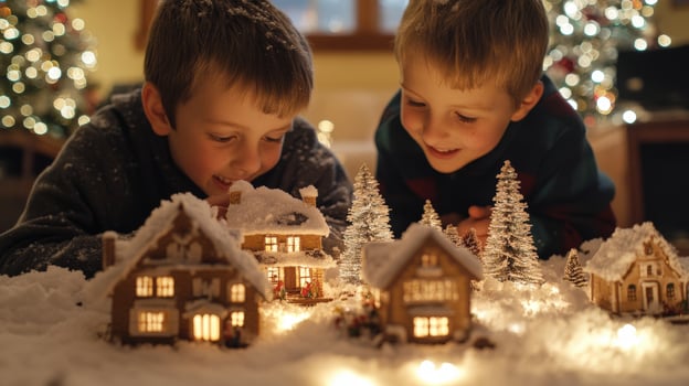 Two boys explore a miniature Christmas village. photo