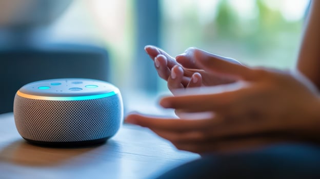 Hands interacting with a modern smart speaker. photo