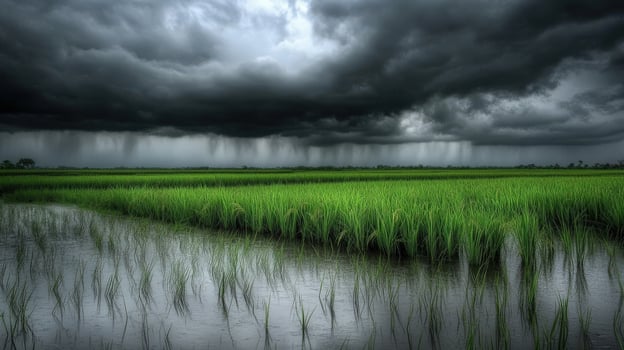 Dramatic sky over a flooded rice paddy field. photo