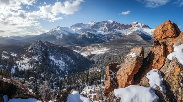 Majestic mountain vista in winter sunlight. photo