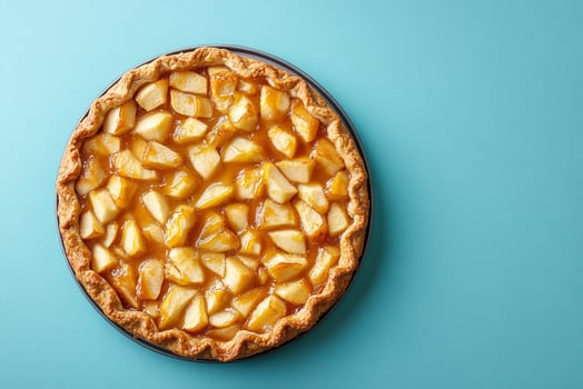 Top View Of Apple Pie With Caramel Sauce On Vibrant Background With Copy Space, Food Photography photo