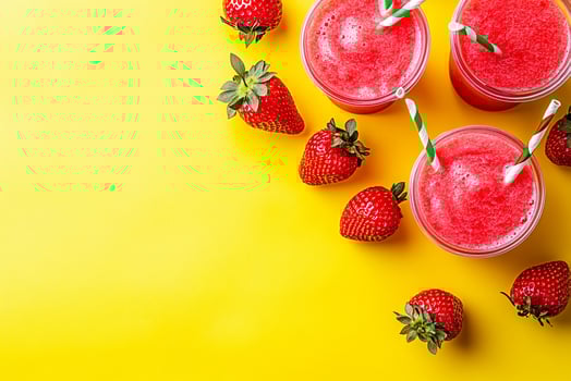 Three glasses of strawberry smoothie with straws on a yellow background photo