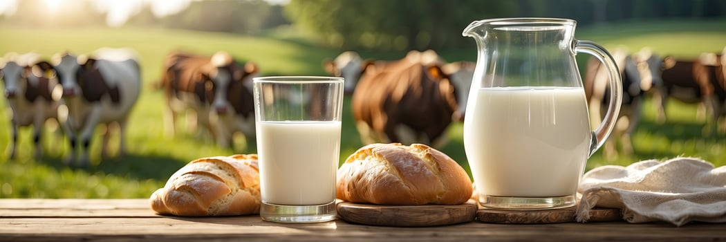 Milk and bread on a table with cows in the background photo