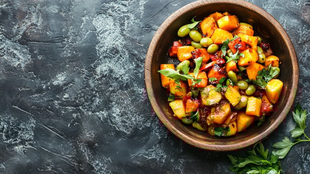 Top View Spicy Mango Edamame, Food Setting photo