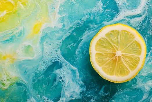A lemon slice on a blue and yellow background photo