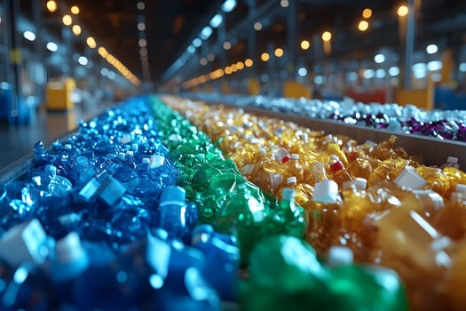 Recycling Process of Colorful Plastic Bottles in Industrial Facility photo
