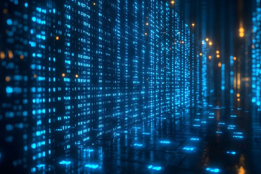 Futuristic Digital Matrix of Glowing Blue Light Grids in a Virtual Reality Landscape photo