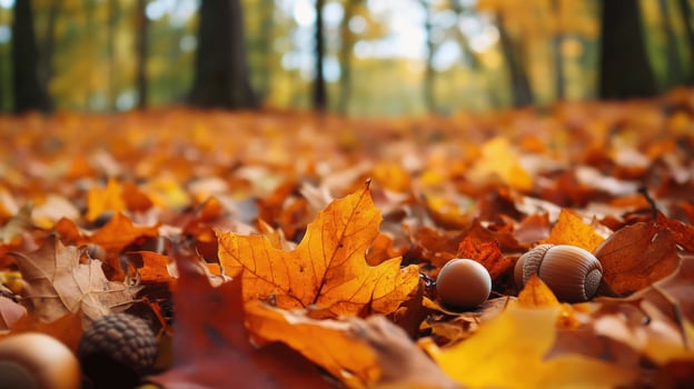 Autumnal forest floor blanketed in colorful fallen leaves and acorns. photo