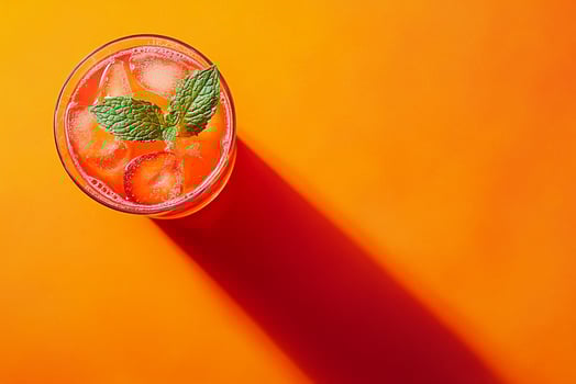 Top View Of Strawberry Lemonade With Mint On Vibrant Background With Copy Space, Food Image photo
