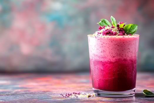 Top View Of Experimental Cocktail With Beet Juice On Vibrant Background With Copy Space, Cuisine Photography photo