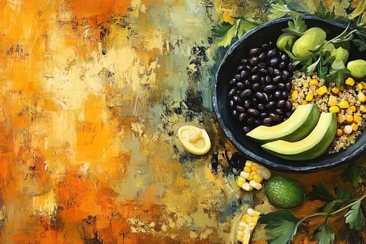 Top View Of Quinoa Bowl With Black Beans, Corn, And Avocado On Vibrant Background With Copy Space, Cuisine Photography photo