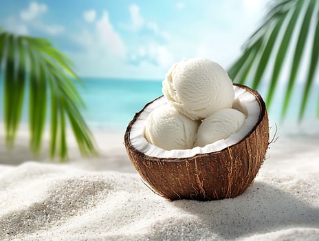 White coconut ice cream served in a coconut shell photo