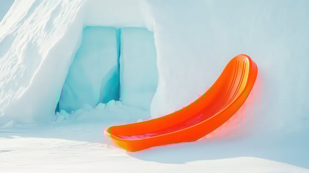 Bright orange sled beside an icy cavern. photo