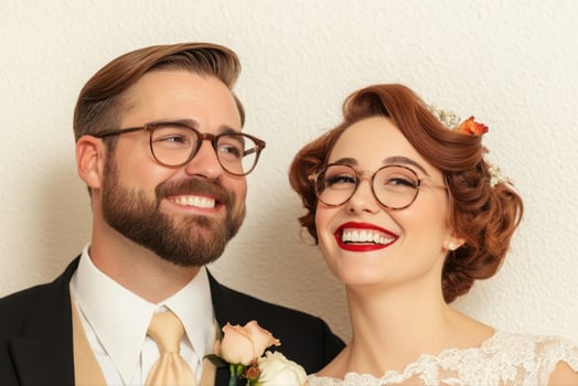 A joyful couple in glasses, celebrating their wedding day. photo