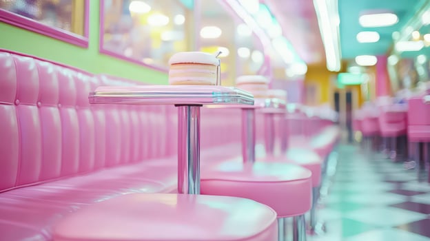 Interior shot of a pastel pink diner with chrome accents. photo