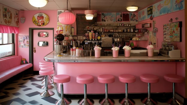Vibrant pink diner interior with retro details. photo