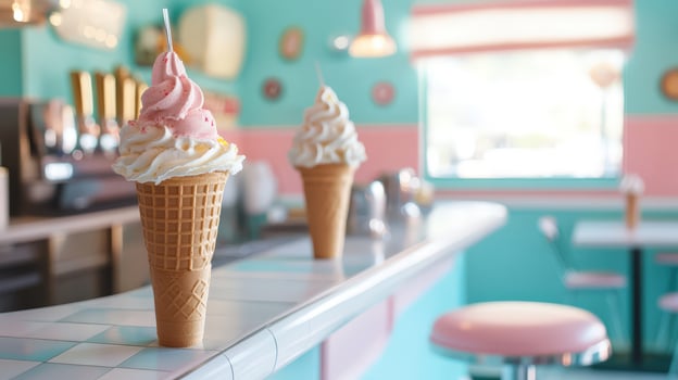 Two ice cream cones on a counter in a pastel-colored diner. photo