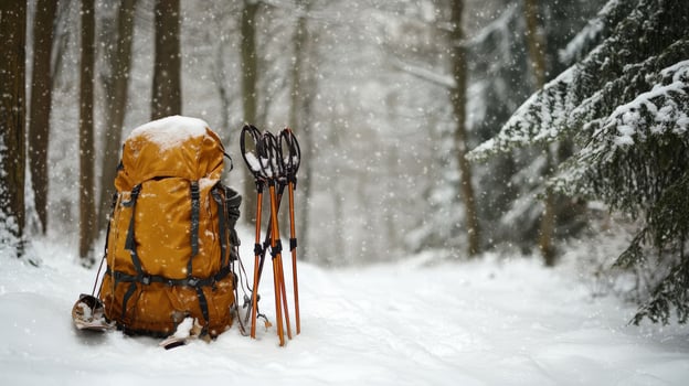 Snowy winter landscape with hiking equipment. photo