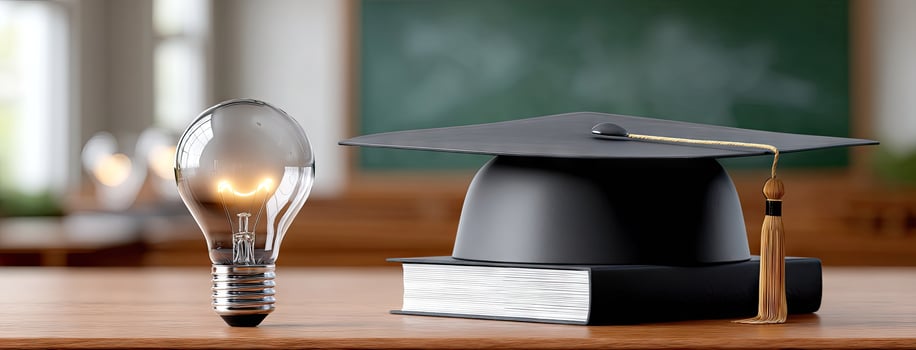 A graduation cap, a book and a light bulb photo