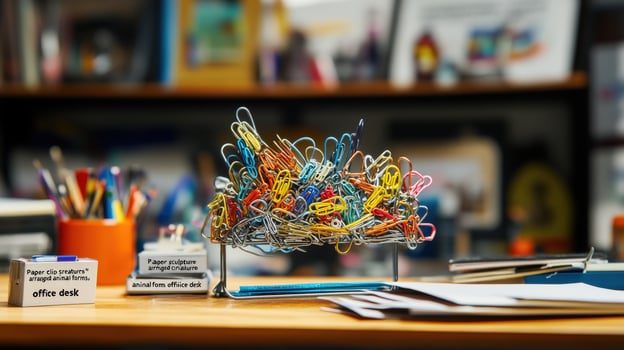 Colorful paperclips art piece displayed on a wooden desk. photo