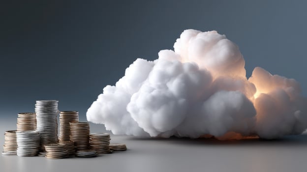 Cloud computing and cloud computing concept with stacks of coins photo