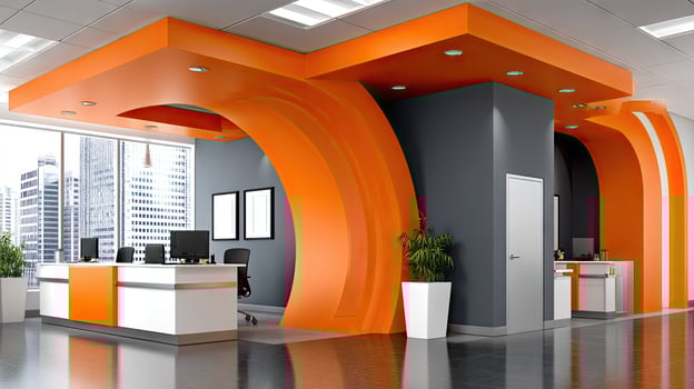 A modern office with orange and gray walls photo