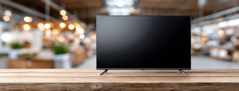 A black tv on a wooden table in a warehouse photo